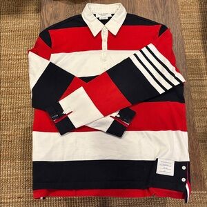 Thom Browne Red, White and Navy Striped rugby Polo Shirt, size 3 (Large)/ men.